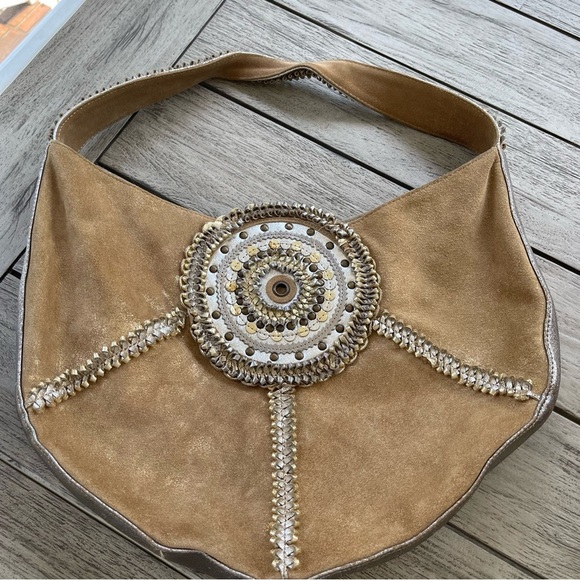 Chicos Vintage Leather Gold Embellished Hobo Bag - Picture 4 of 10